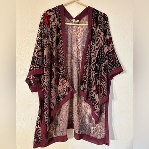 Soft Surroundings Kimono Women Burgundy Floral Burnout Velvet Open Front OneSize